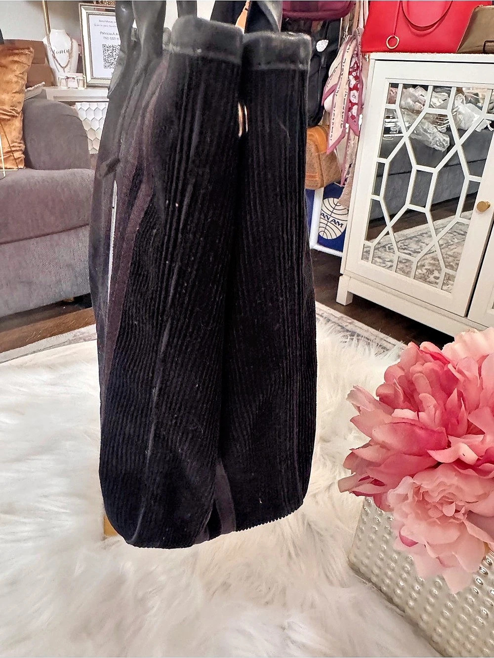 Long champ Black Velvet/Corduroy Striped Tote/Handbag - Picture 7 of 10
